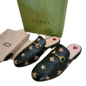 Gucci Bee Star Black Leather Horsebit Princetown Loafers Slides Flats Mules 7 37